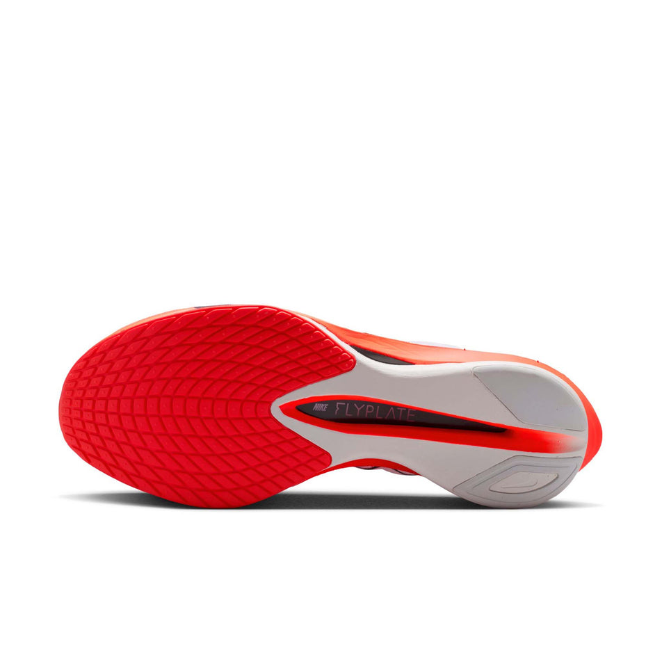 The outsole of the left shoe from a pair of Nike Men's Vaporfly 4 Road Racing Shoes in the White/Midnight Navy-Bright Crimson colourway.