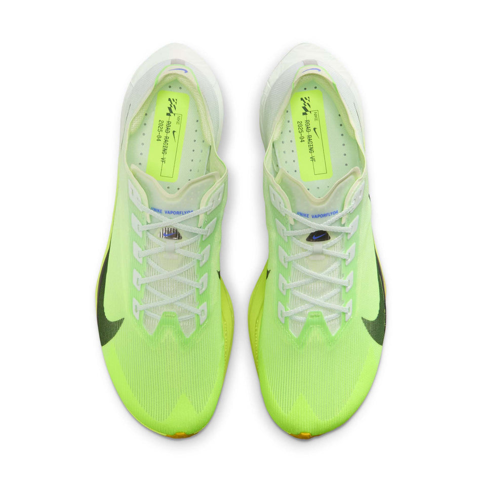 The uppers of a pair of Nike Men's Vaporfly 4 Road Racing Shoes in the Barely Green/Black Spruce-Volt Tint colourway.