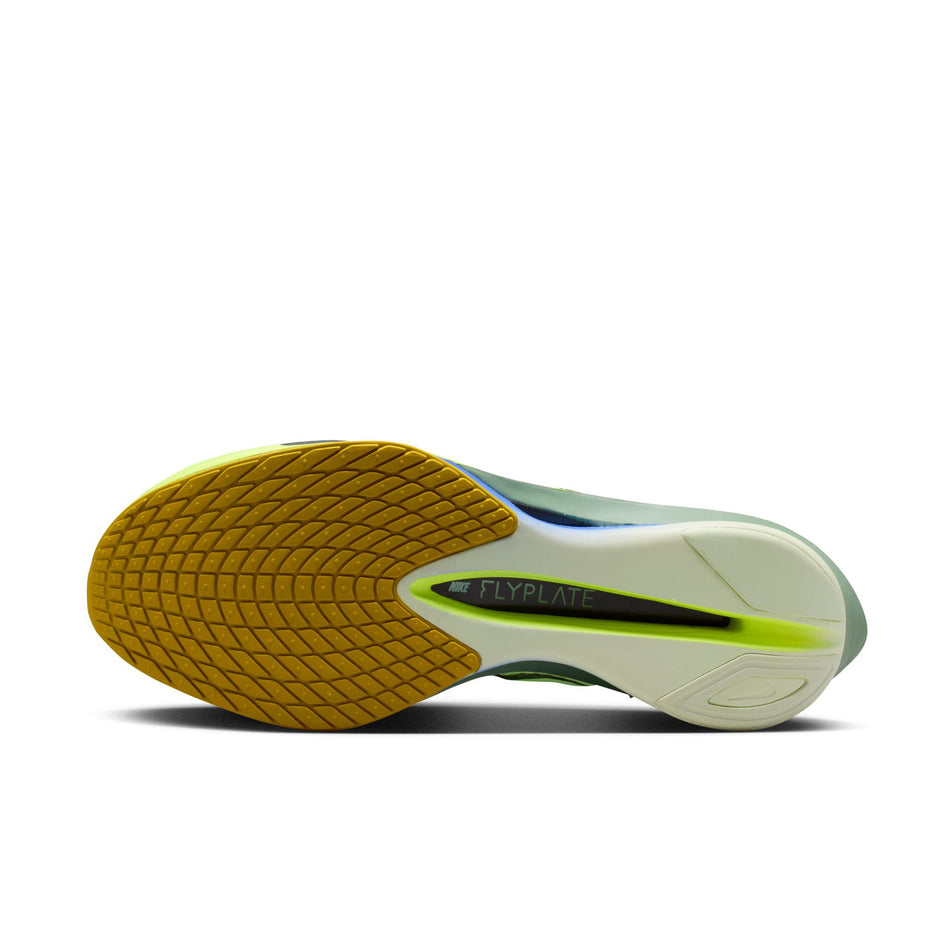 The outsole of the left shoe from a pair of Nike Men's Vaporfly 4 Road Racing Shoes in the Barely Green/Black Spruce-Volt Tint colourway.