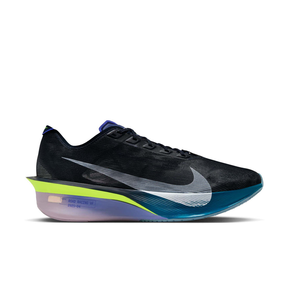 Lateral view of the right shoe from a pair of Nike Men's Vaporfly 4 Road Racing Shoes in the Obsidian/White-Persian Violet colourway. (8753449468066)