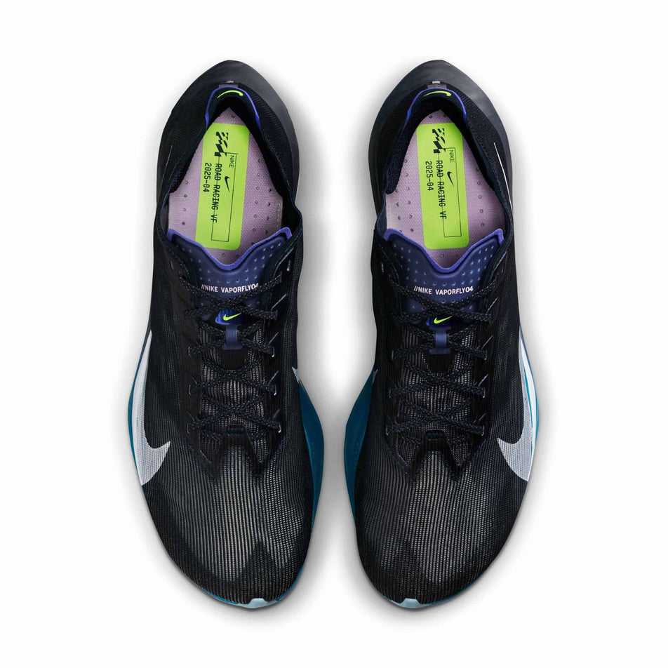 The uppers of a pair of Nike Men's Vaporfly 4 Road Racing Shoes in the Obsidian/White-Persian Violet colourway. (8753449468066)