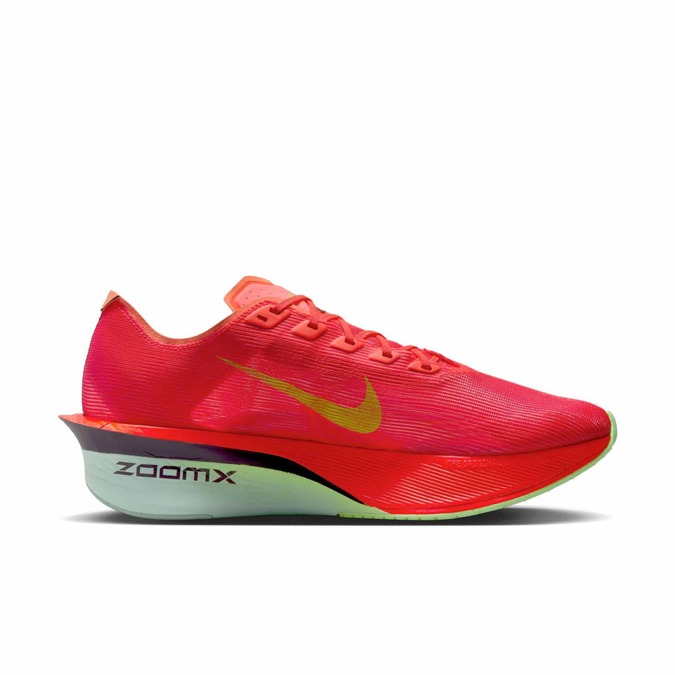 Medial view of the right shoe from a pair of Nike Men's Vaporfly 4 Road Racing Shoes in the Bright Crimson/Lime Blast-Mint Foam colourway. (8613801361570)