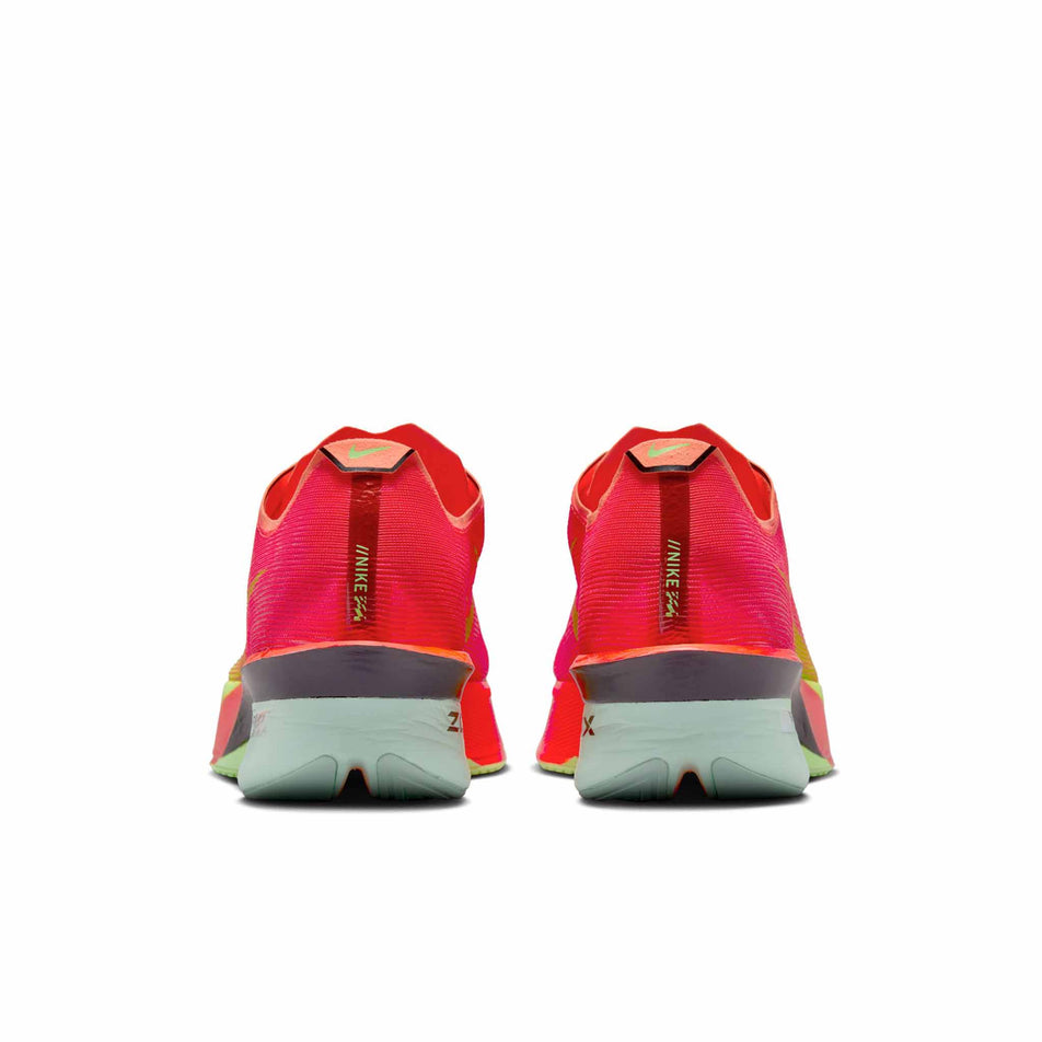The back of a pair of Nike Men's Vaporfly 4 Road Racing Shoes in the Bright Crimson/Lime Blast-Mint Foam colourway. (8613801361570)