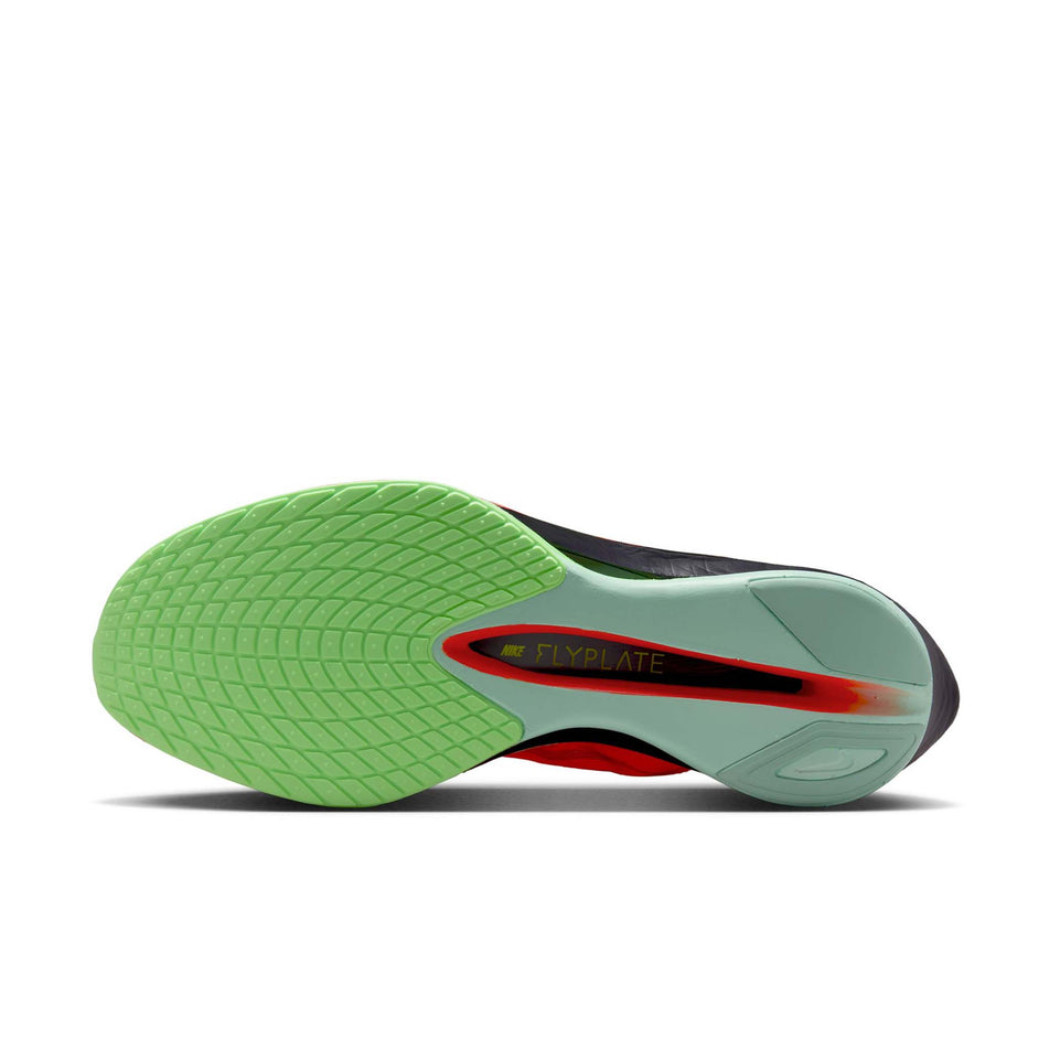 The outsole of the left shoe from a pair of Nike Men's Vaporfly 4 Road Racing Shoes in the Bright Crimson/Lime Blast-Mint Foam colourway. (8613801361570)