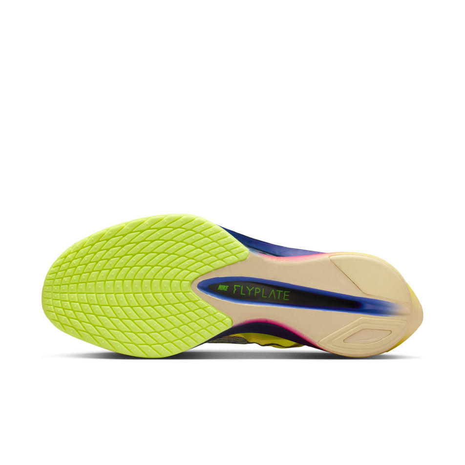 The outsole of the left shoe from a pair of Nike Men's Vaporfly 4 Road Racing Shoes in the Citron Pulse/Indigo Burst-Laser Orange colourway.