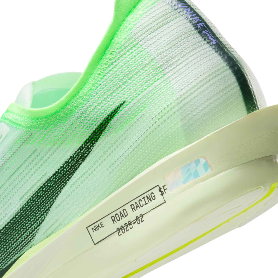 Close-up view of the rearfoot section of the left shoe from a pair of Nike Men's Streakfly 2 Road Racing Shoes in the Barely Green/Black Spruce-Volt Ice colourway.