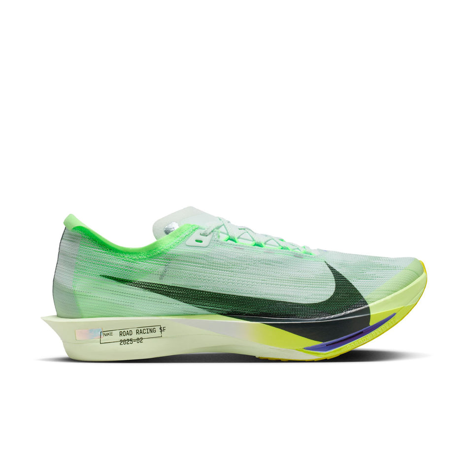 Lateral view of the right shoe from a pair of Nike Men's Streakfly 2 Road Racing Shoes in the Barely Green/Black Spruce-Volt Ice colourway.