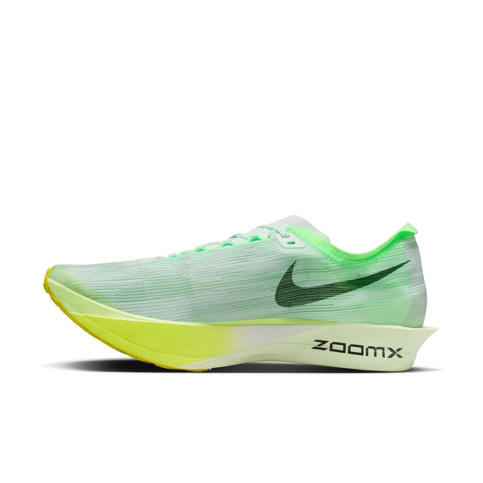 Medial view of the right shoe from a pair of Nike Men's Streakfly 2 Road Racing Shoes in the Barely Green/Black Spruce-Volt Ice colourway.