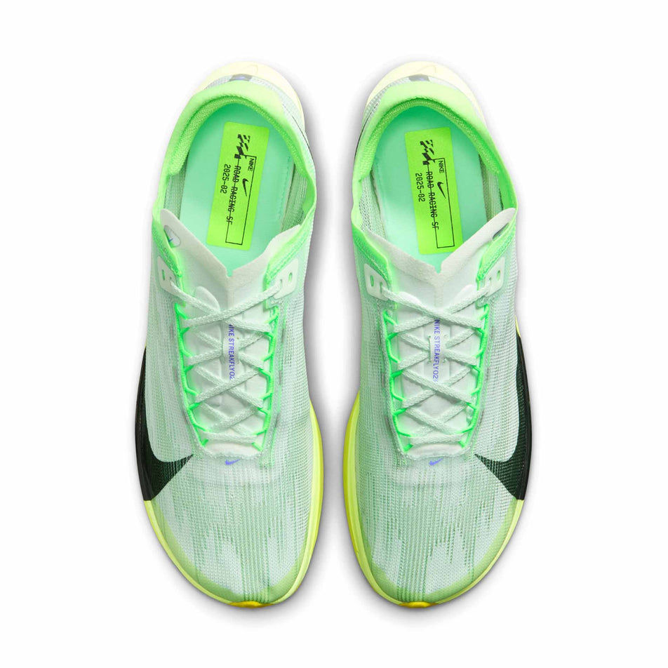 The uppers of a pair of Nike Men's Streakfly 2 Road Racing Shoes in the Barely Green/Black Spruce-Volt Ice colourway.