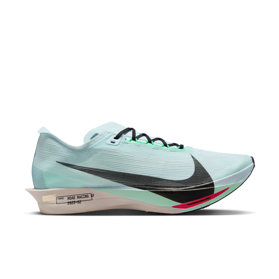 Lateral view of the right shoe from a pair of Nike Men's Streakfly 2 Road Racing Shoes in the Glacier Blue/Black-Mint Foam colourway. (8683259429026)