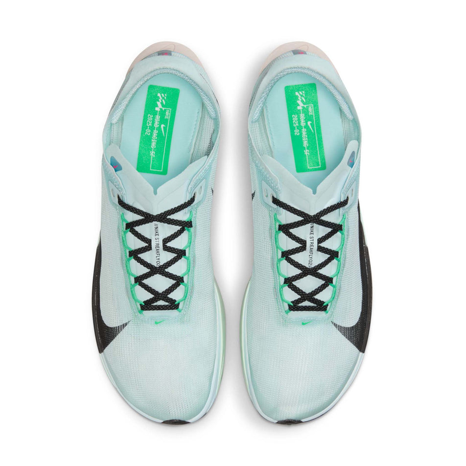 The uppers of a pair of Nike Men's Streakfly 2 Road Racing Shoes in the Glacier Blue/Black-Mint Foam colourway. (8683259429026)