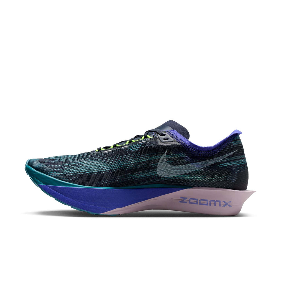 Medial view of the right shoe from a pair of Nike Men's Streakfly 2 Road Racing Shoes in the Obsidian/White-Persian Violet colourway. (8754762383522)