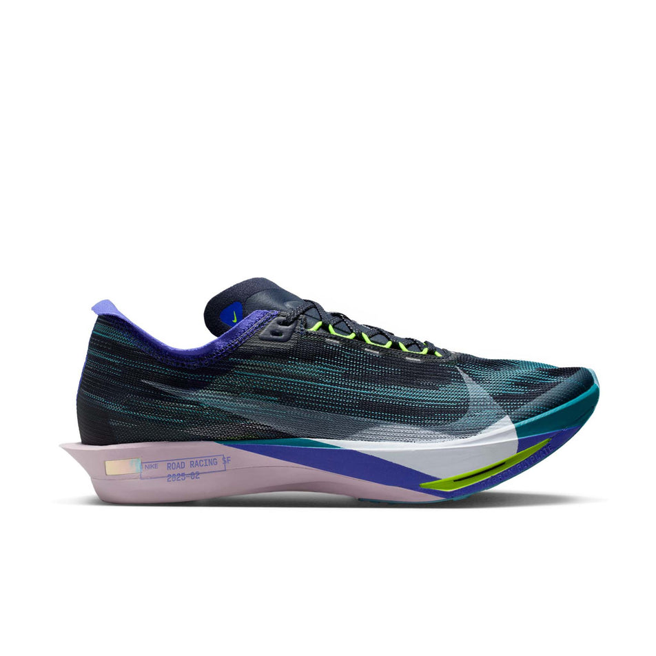 Lateral view of the right shoe from a pair of Nike Men's Streakfly 2 Road Racing Shoes in the Obsidian/White-Persian Violet colourway. (8754762383522)