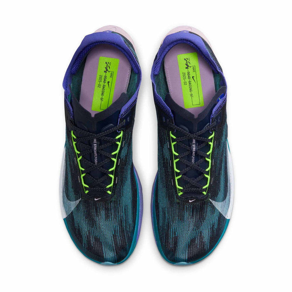 The uppers of a pair of Nike Men's Streakfly 2 Road Racing Shoes in the Obsidian/White-Persian Violet colourway. (8754762383522)