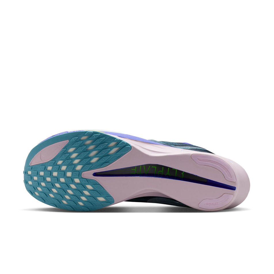 The outsole of the left shoe from a pair of Nike Men's Streakfly 2 Road Racing Shoes in the Obsidian/White-Persian Violet colourway. (8754762383522)