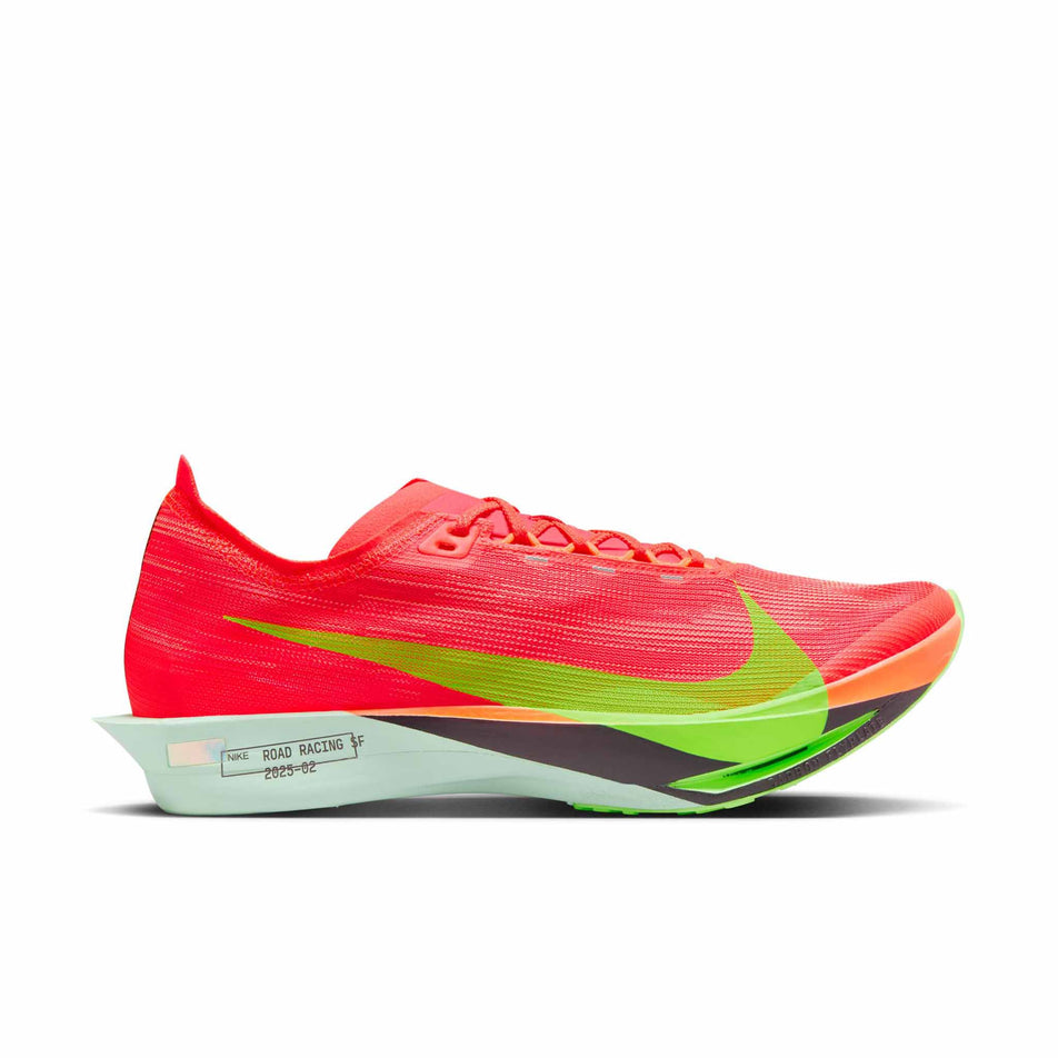 Lateral view of the right shoe from a pair of Nike Men's Streakfly 2 Road Racing Shoes in the Bright Crimson/Lime Blast-Hyper Orange colourway. (8613896519842)