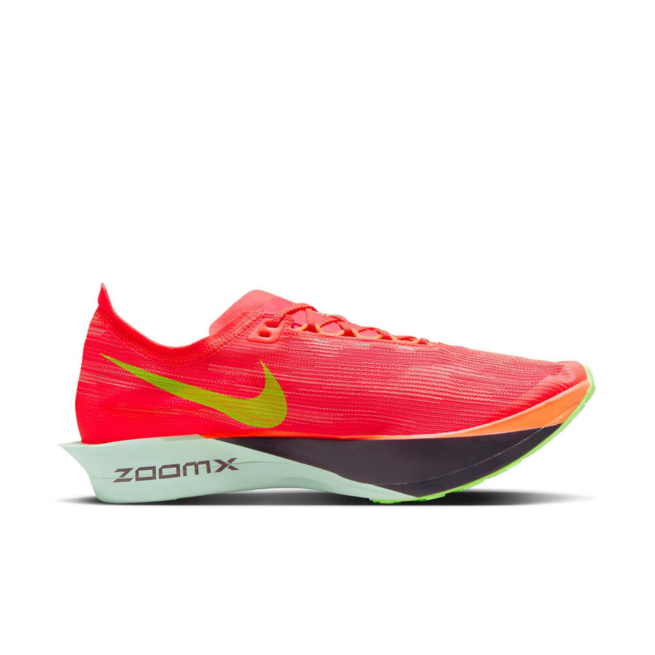 Medial view of the left shoe from a pair of Nike Men's Streakfly 2 Road Racing Shoes in the Bright Crimson/Lime Blast-Hyper Orange colourway. (8613896519842)