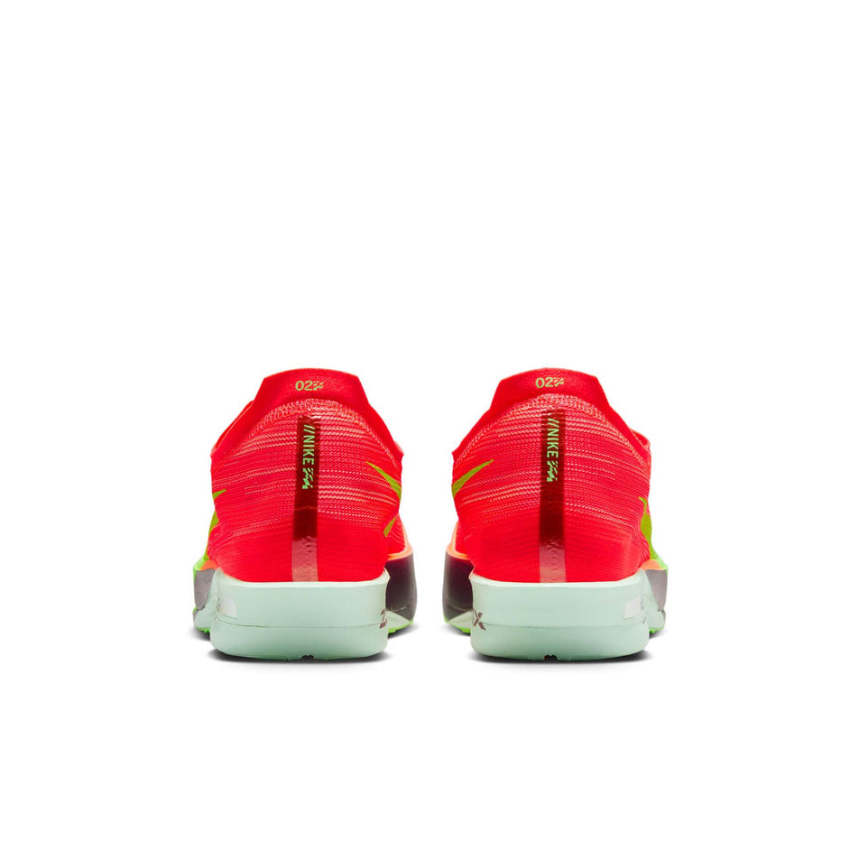 The back of a pair of Nike Men's Streakfly 2 Road Racing Shoes in the Bright Crimson/Lime Blast-Hyper Orange colourway. (8613896519842)