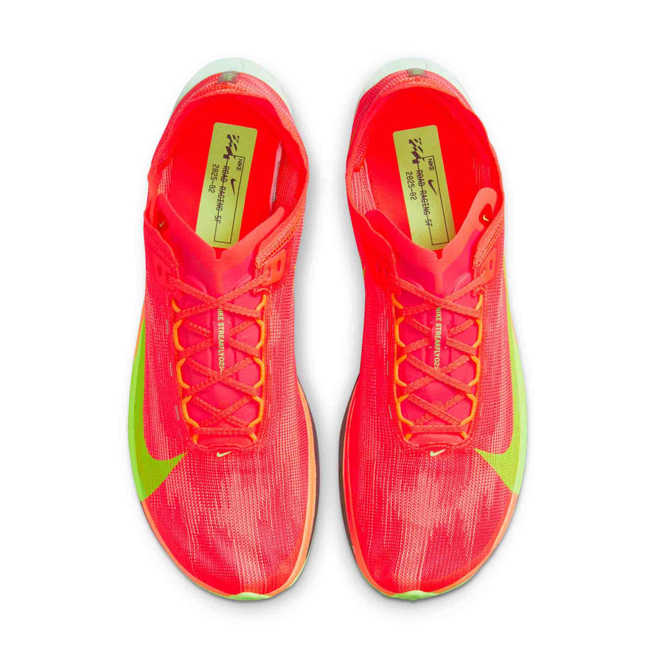 The uppers on a pair of Nike Men's Streakfly 2 Road Racing Shoes in the Bright Crimson/Lime Blast-Hyper Orange colourway. (8613896519842)