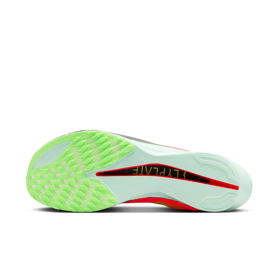The outsole of the left shoe from a pair of Nike Men's Streakfly 2 Road Racing Shoes in the Bright Crimson/Lime Blast-Hyper Orange colourway. (8613896519842)
