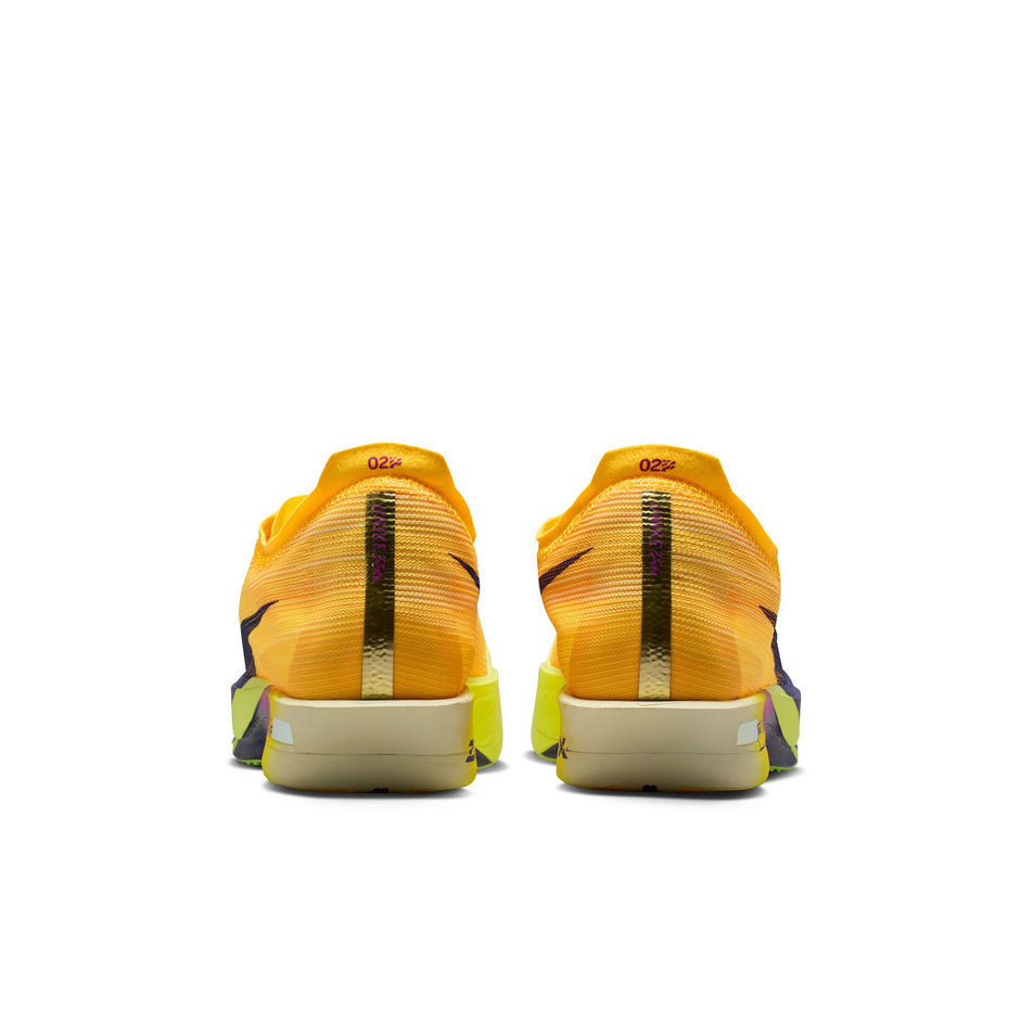The back of a pair of Nike Men's Streakfly 2 Road Racing Shoes in the Citron Pulse/Indigo Burst-Volt Ice colourway.