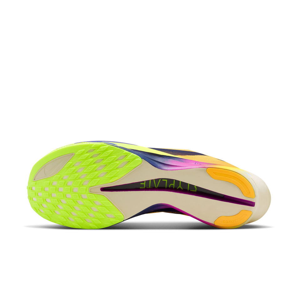 The outsole of the left shoe from a pair of Nike Men's Streakfly 2 Road Racing Shoes in the Citron Pulse/Indigo Burst-Volt Ice colourway.