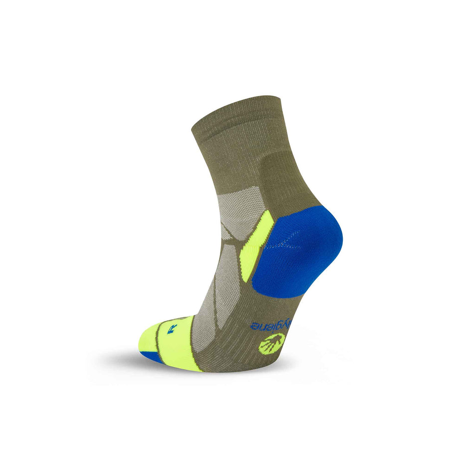 The right sock from a pair of Hilly Unisex Marathon Fresh Anklet Running Socks in the Olive/Fluo Yellow colourway. (8597788328098)