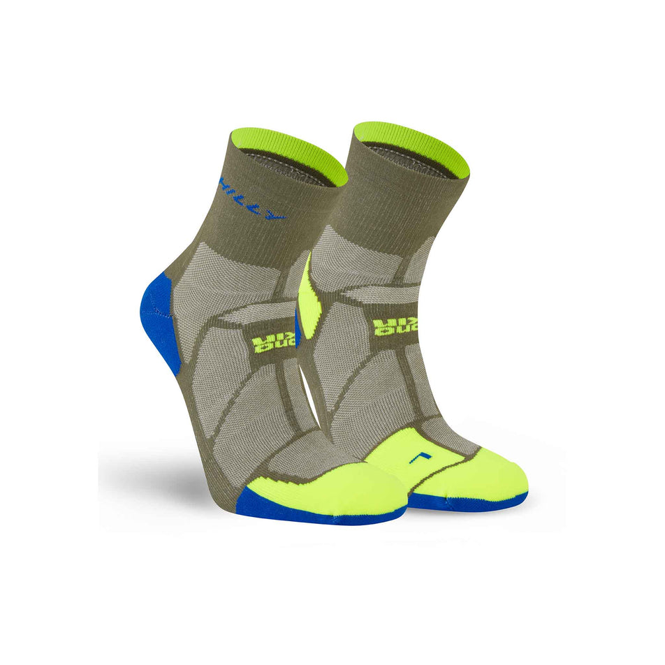A pair of Hilly Unisex Marathon Fresh Anklet Running Socks in the Olive/Fluo Yellow colourway. (8597788328098)