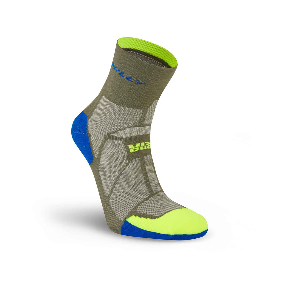 The right sock from a pair of Hilly Unisex Marathon Fresh Anklet Running Socks in the Olive/Fluo Yellow colourway. (8597788328098)