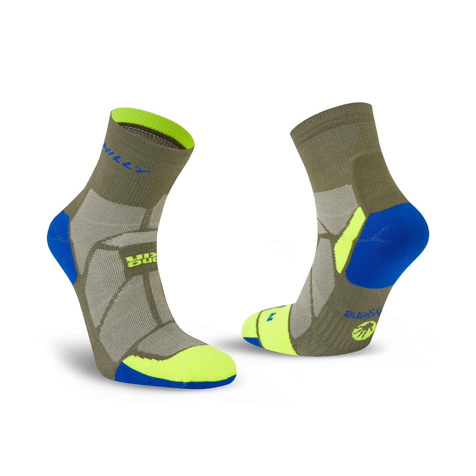 A pair of Hilly Unisex Marathon Fresh Anklet Running Socks in the Olive/Fluo Yellow colourway. (8597788328098)