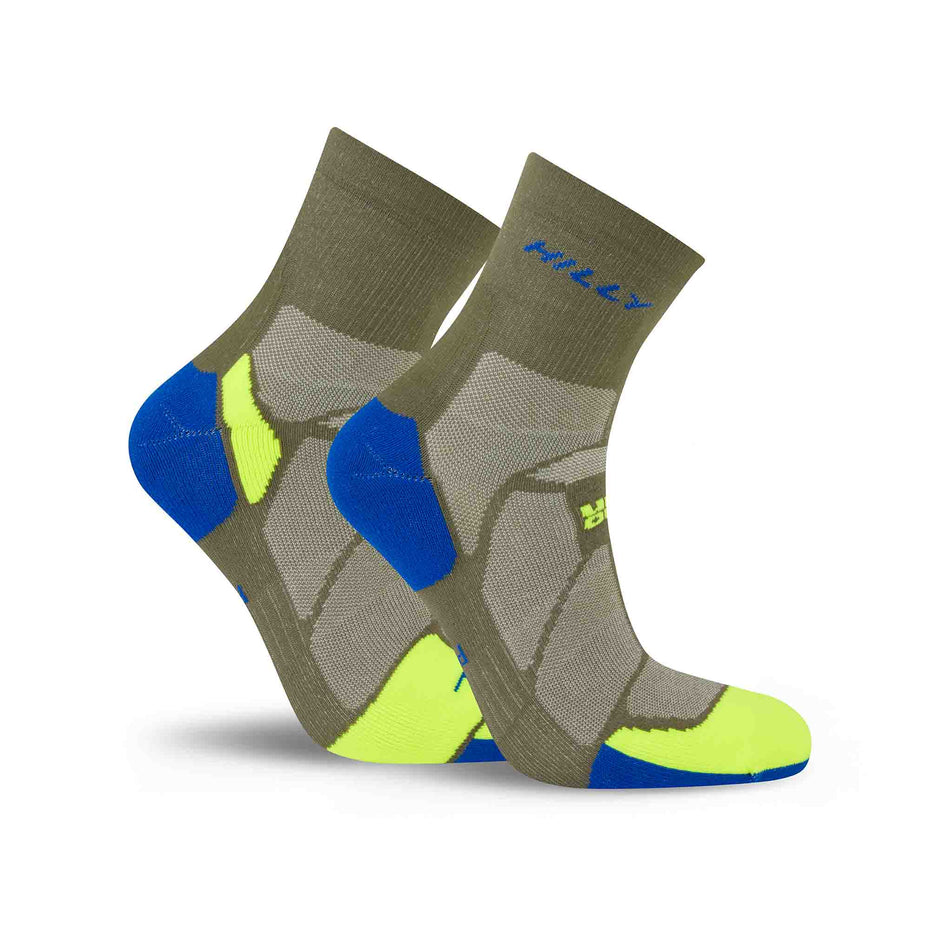 A pair of Hilly Unisex Marathon Fresh Anklet Running Socks in the Olive/Fluo Yellow colourway. (8597788328098)