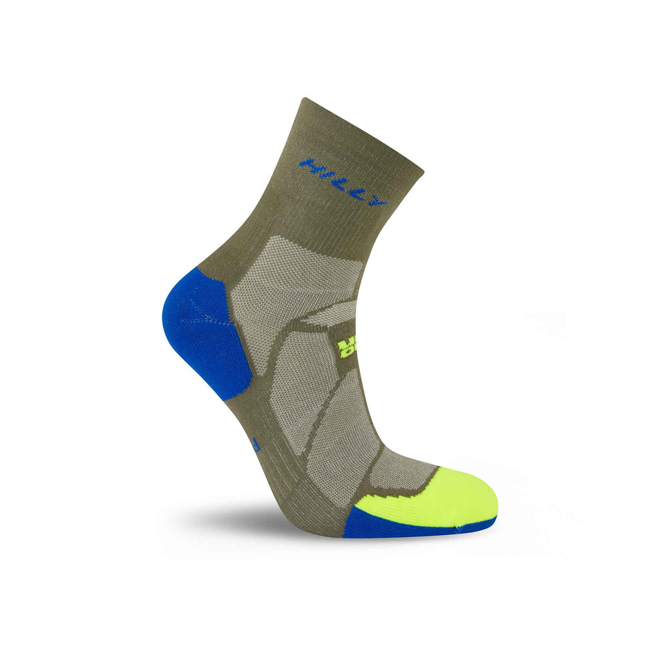 The right sock from a pair of Hilly Unisex Marathon Fresh Anklet Running Socks in the Olive/Fluo Yellow colourway. (8597788328098)