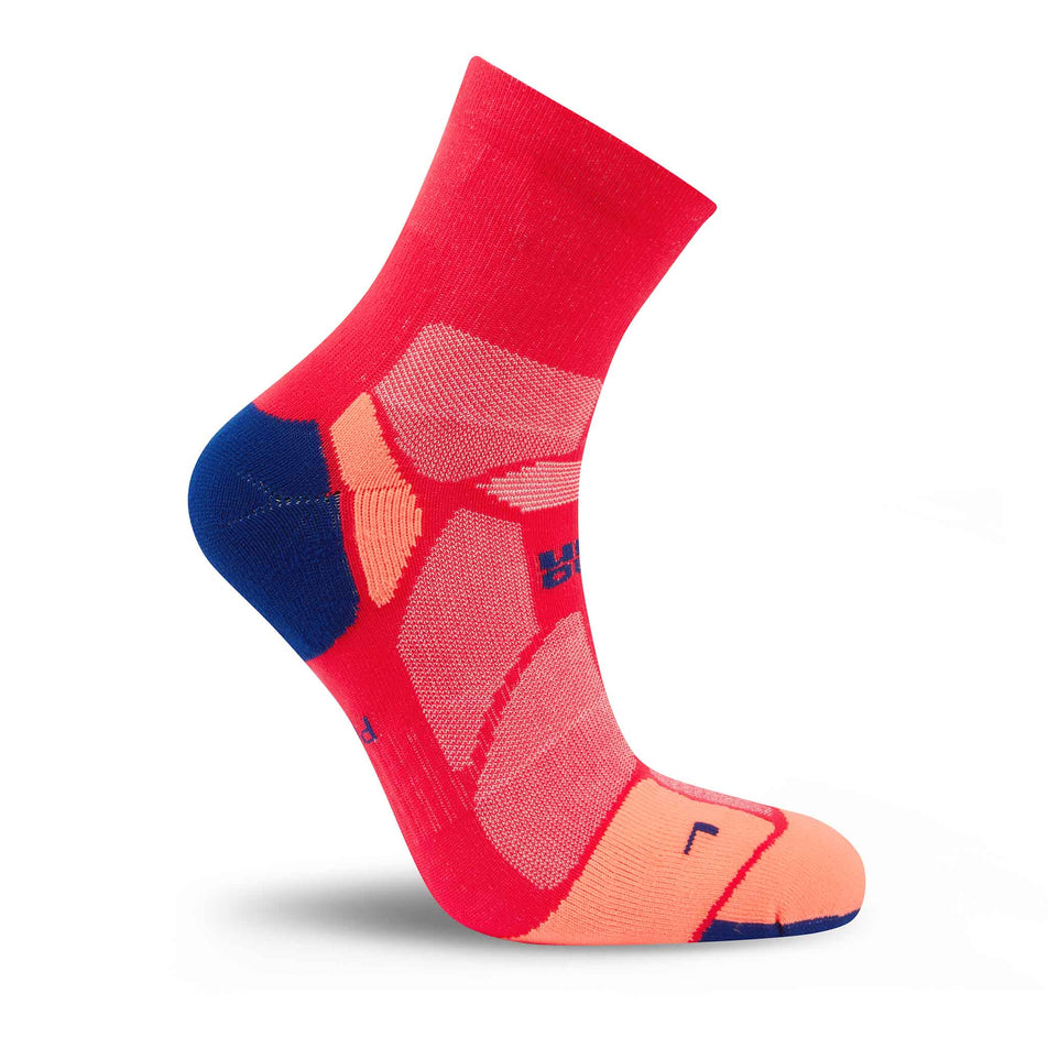 Medial view of the left sock from a pair of Hilly Unisex Marathon Fresh Anklet Running Socks in the Hot Pink/Blue colourway.