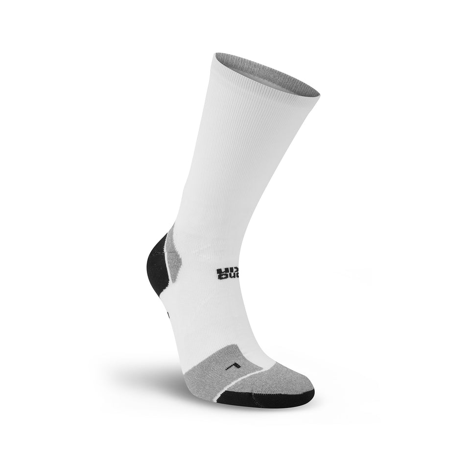 The left sock from a pair of Hilly Unisex Marathon Fresh Crew Running Socks in the White/Grey colourway. (8597824536738)