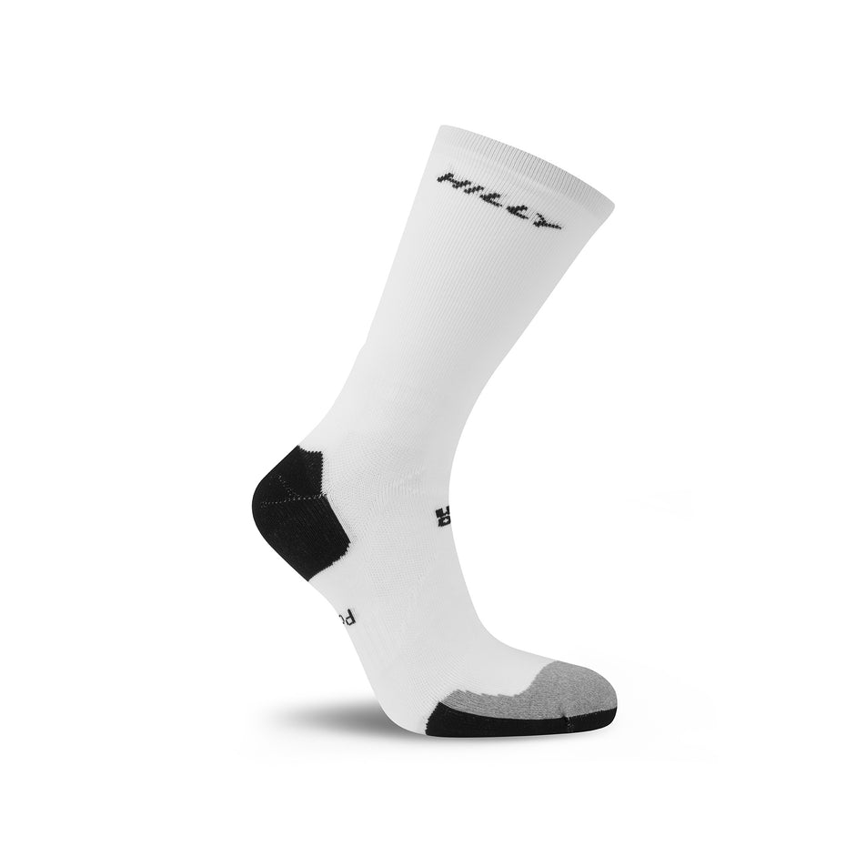 The right sock from a pair of Hilly Unisex Marathon Fresh Crew Running Socks in the White/Grey colourway. (8597824536738)