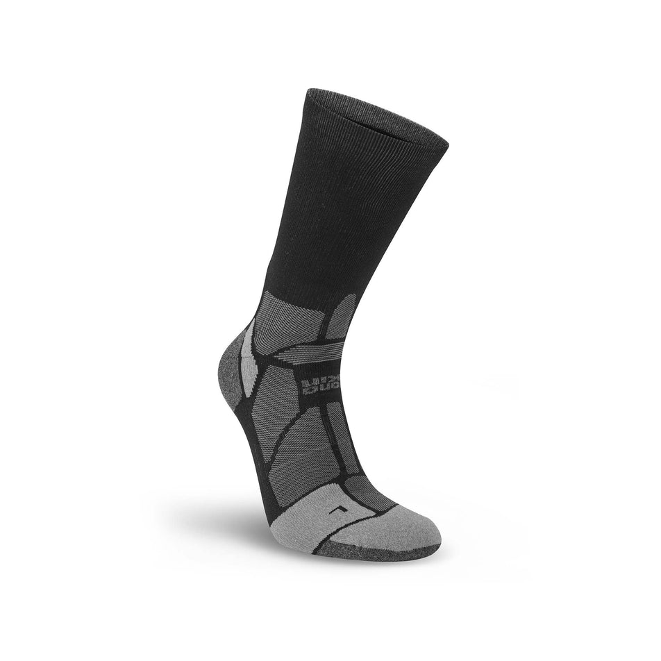 The left sock from a pair of Hilly Unisex Marathon Fresh Crew Running Socks in the Black/Grey colourway. (8597818048674)