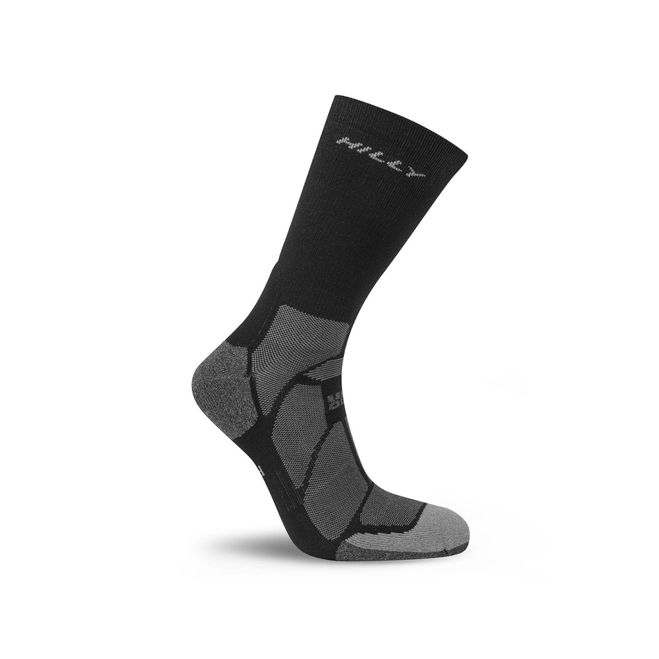 The right sock from a pair of Hilly Unisex Marathon Fresh Crew Running Socks in the Black/Grey colourway. (8597818048674)