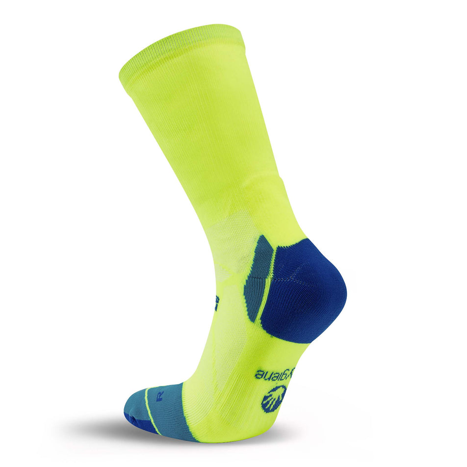 Medial view of the right sock from a pair of Hilly Unisex Marathon Fresh Crew Running Socks in the Fluo Yellow/Royal Blue colourway.