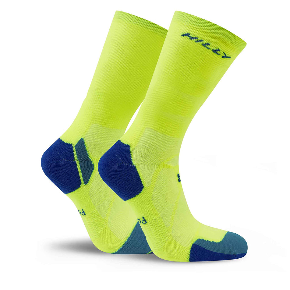 A pair of Hilly Unisex Marathon Fresh Crew Running Socks in the Fluo Yellow/Royal Blue colourway.