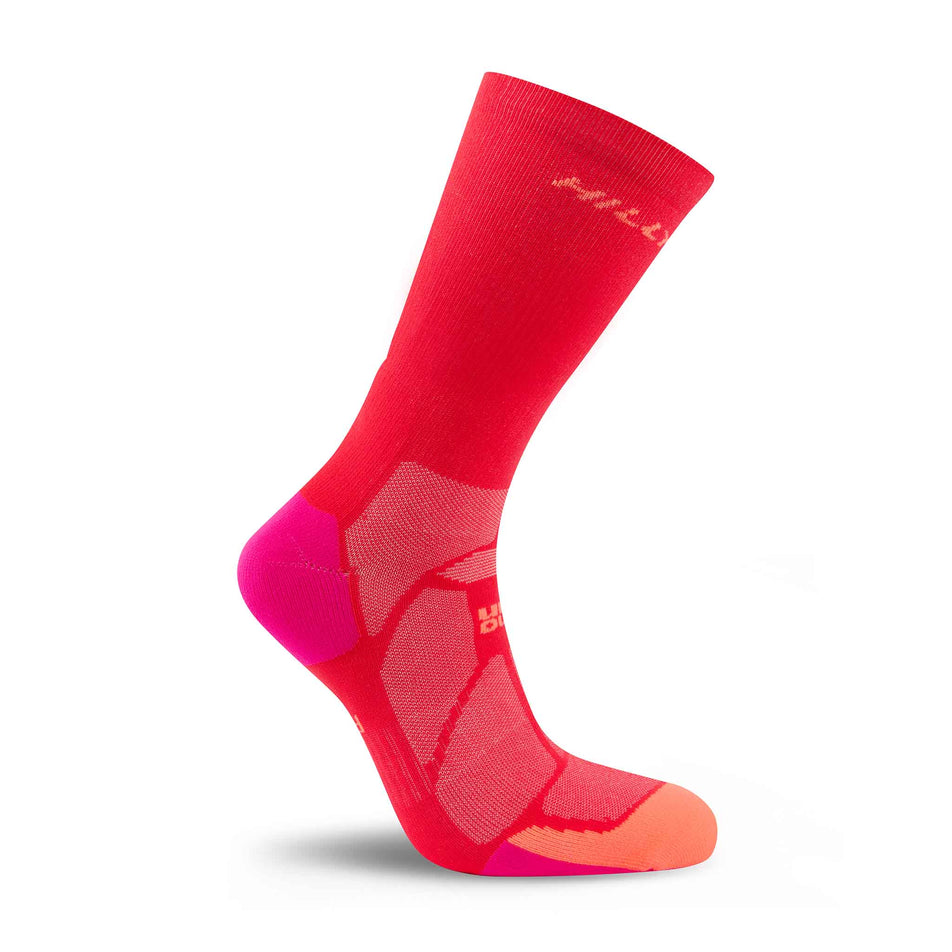 Lateral view of the right sock from a pair of Hilly Unisex Marathon Fresh Crew Running Socks in the Hot Pink/Neon Candy colourway.