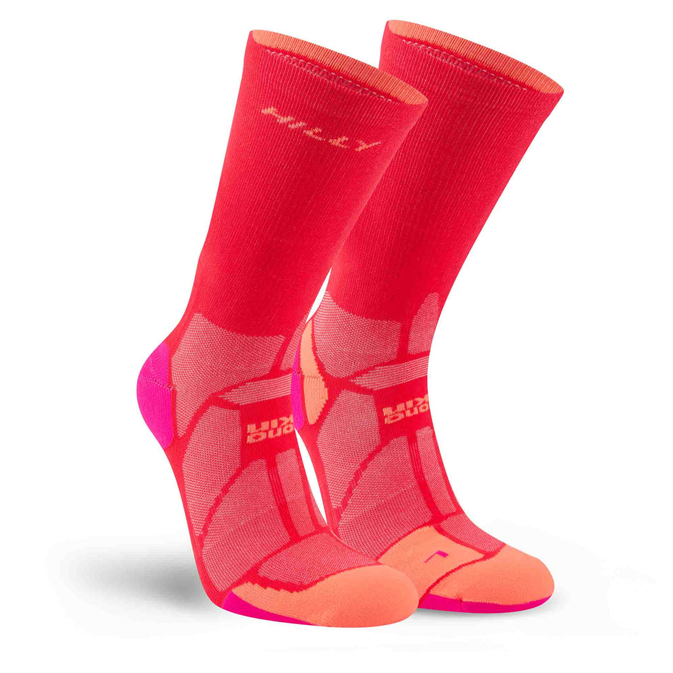 A pair of Hilly Unisex Marathon Fresh Crew Running Socks in the Hot Pink/Neon Candy colourway.