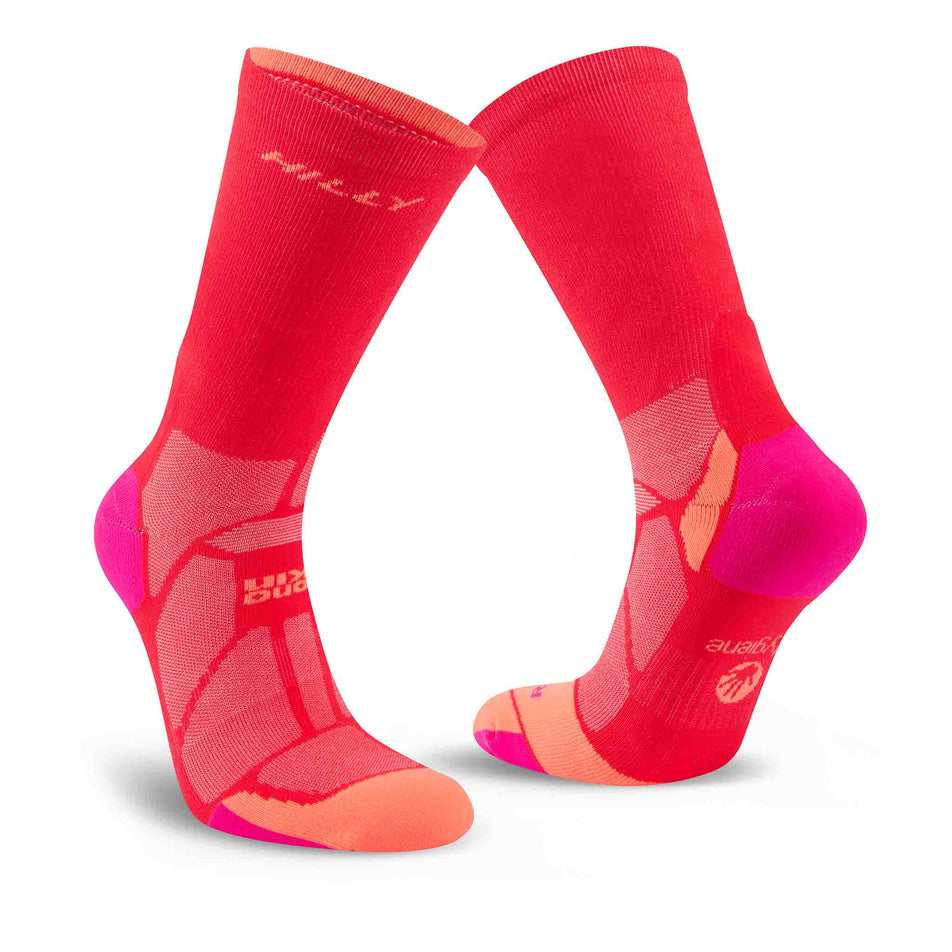 A pair of Hilly Unisex Marathon Fresh Crew Running Socks in the Hot Pink/Neon Candy colourway.