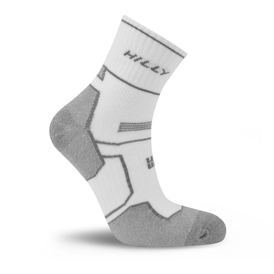 One of the socks from a pair of Hilly Unisex Twin Skin Anklet Running Socks in the White/Grey Marl colourway.