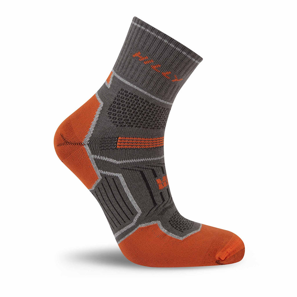 A sock from a pair of Hilly Unisex Twin Skin Anklet Running Socks in the Dark Grey/Orange colourway.
