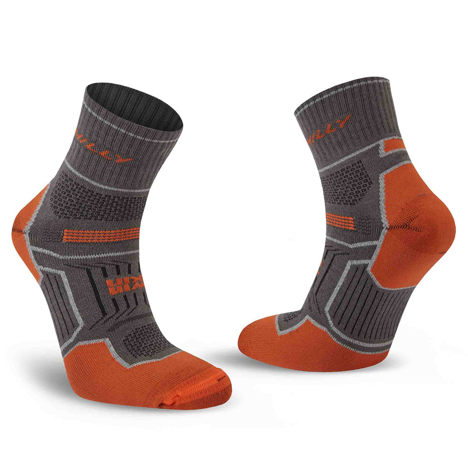 A pair of Hilly Unisex Twin Skin Anklet Running Socks in the Dark Grey/Orange colourway.