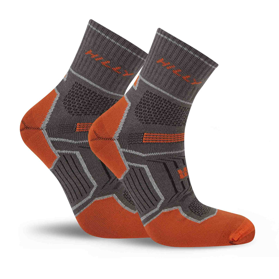 A pair of Hilly Unisex Twin Skin Anklet Running Socks in the Dark Grey/Orange colourway.