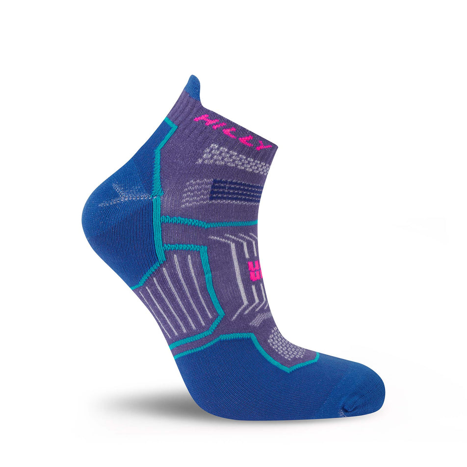 A sock from a pair of Hilly Unisex Twin Skin Socklet Running Socks in the Grape/Blue colourway.