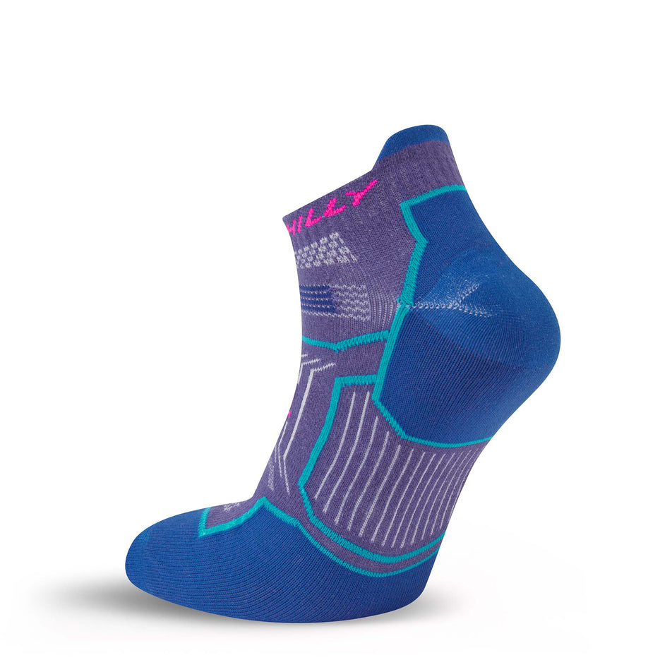 Medial view of the right sock from a pair of Hilly Unisex Twin Skin Socklet Running Socks in the Grape/Blue colourway.