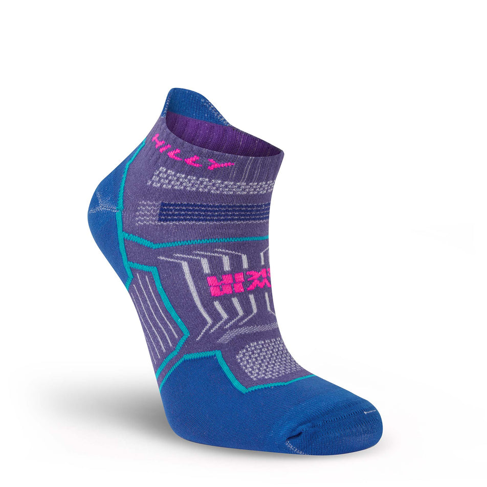 Lateral view of the right sock from a pair of Hilly Unisex Twin Skin Socklet Running Socks in the Grape/Blue colourway.