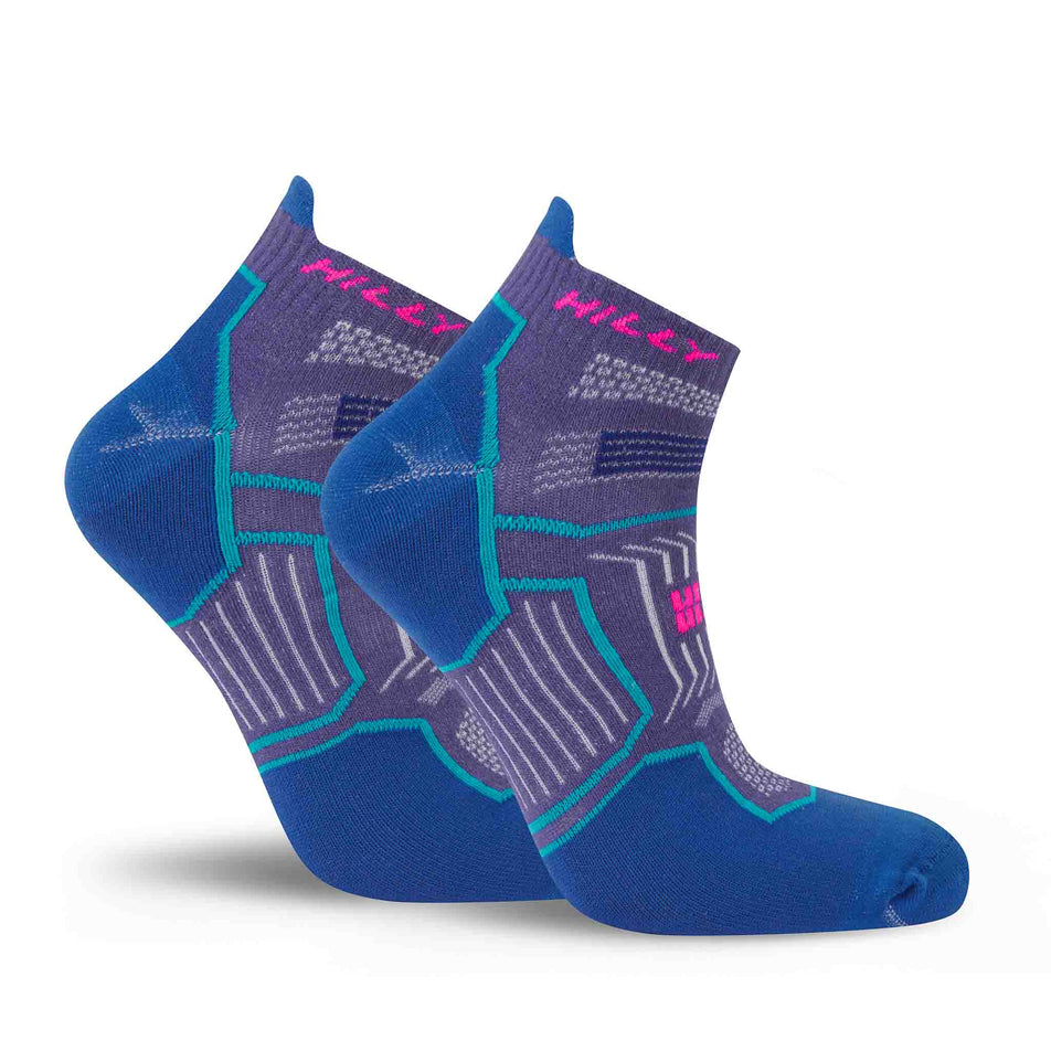 A pair of Hilly Unisex Twin Skin Socklet Running Socks in the Grape/Blue colourway.